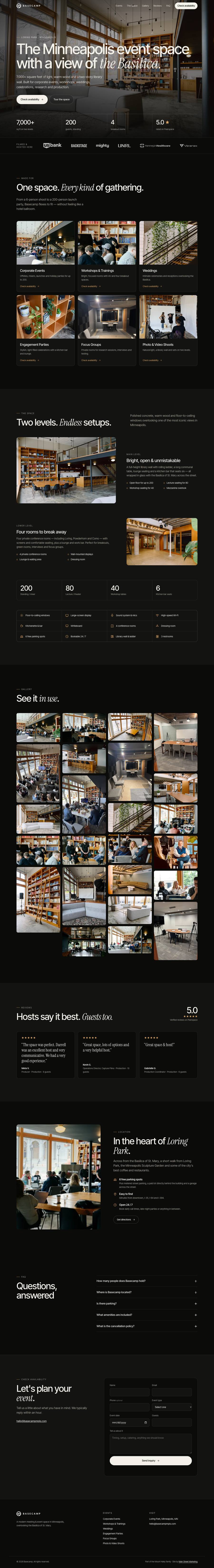 Full homepage for Basecamp, a Minneapolis event space in Loring Park: a dark, photo-led page with the Basilica view, event types, the two levels and capacities, a gallery, reviews, location, and an inquiry form.