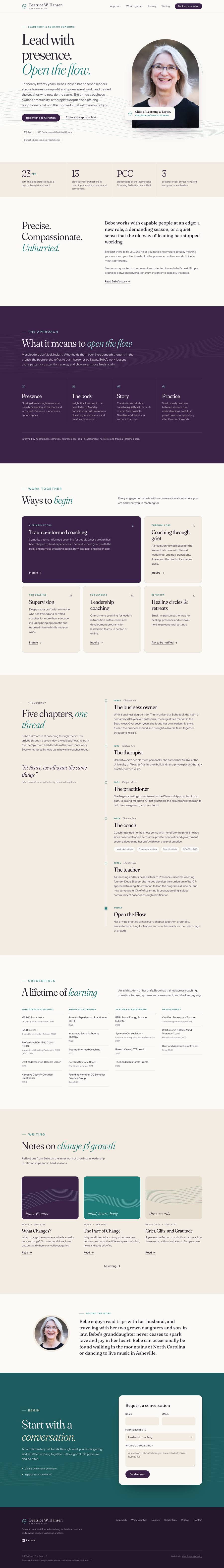 Full homepage for Beatrice W. Hansen, a leadership and somatic coach: a warm cream, plum, and teal page with her approach, ways to work together, her story in five chapters, credentials, writing, and a form to request a conversation.