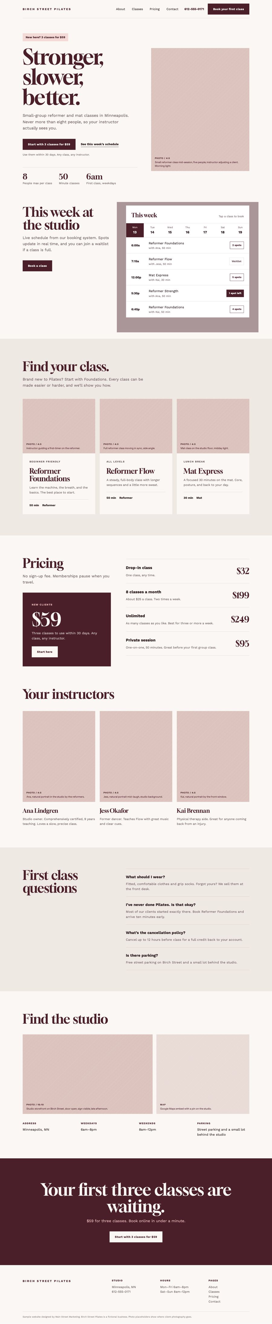 Full homepage design for Birch Street Pilates, a fictional studio: a burgundy and blush page with a starter offer, this week’s class schedule, pricing, instructors, and first-class questions.