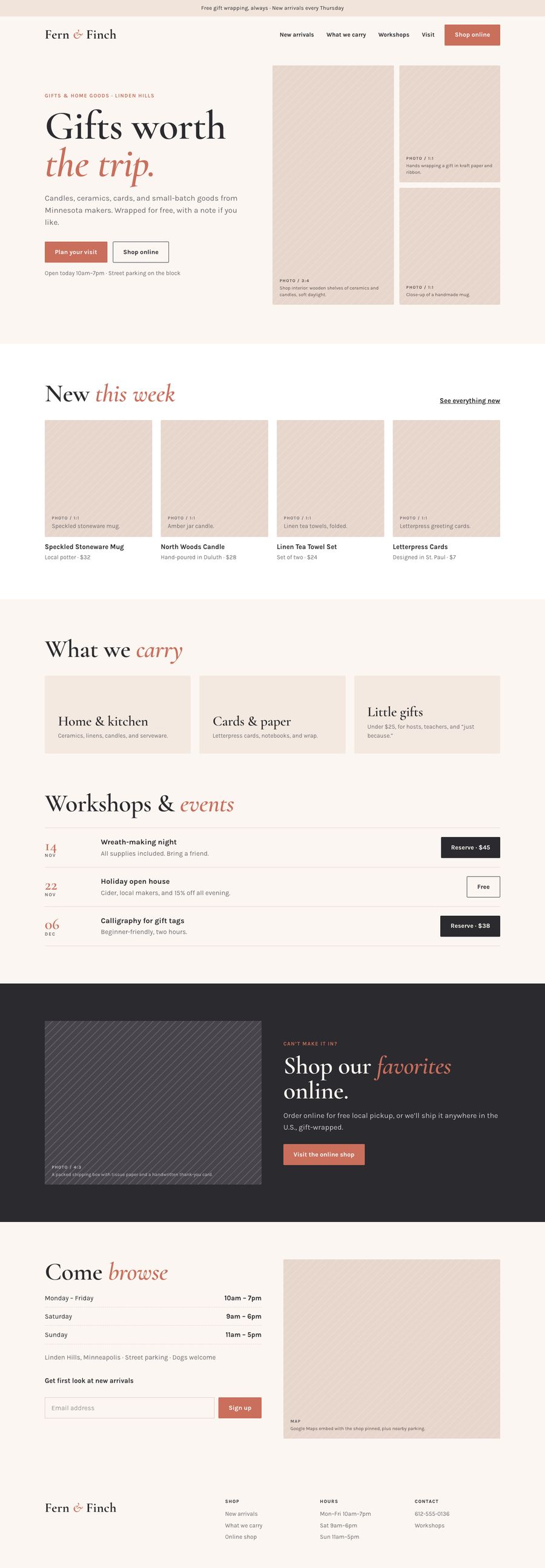 Full homepage design for Fern and Finch, a fictional gift and home goods shop: a soft blush page with new arrivals and prices, what they carry, workshops with dates, a link to the online shop, and store hours.