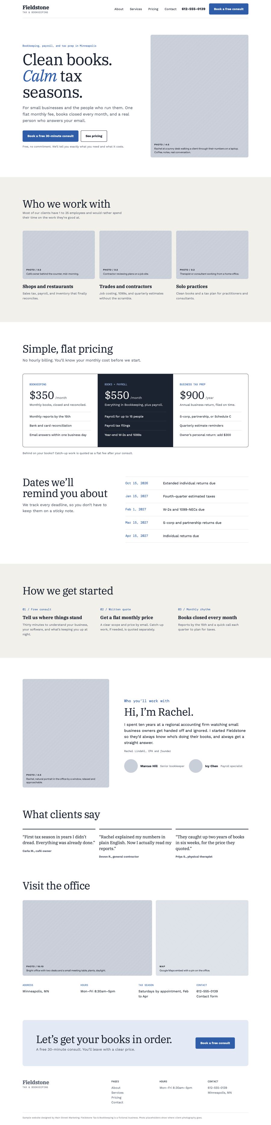 Full homepage design for Fieldstone Tax and Bookkeeping, a fictional firm: a clean navy page with flat monthly pricing, tax deadlines, how they get started, and client reviews.