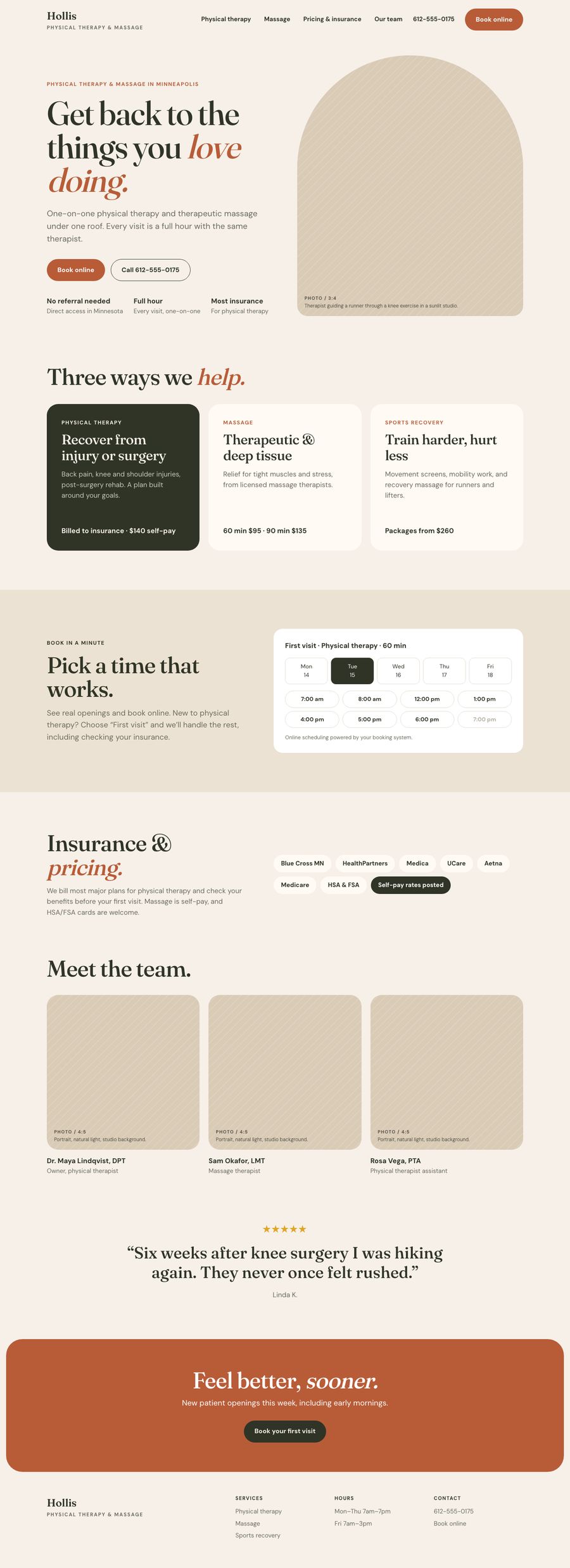 Full homepage design for Hollis Physical Therapy and Massage, a fictional practice: a warm sand and terracotta page with physical therapy, massage, and sports recovery options with prices, an online booking widget, insurance, the team, and a review.