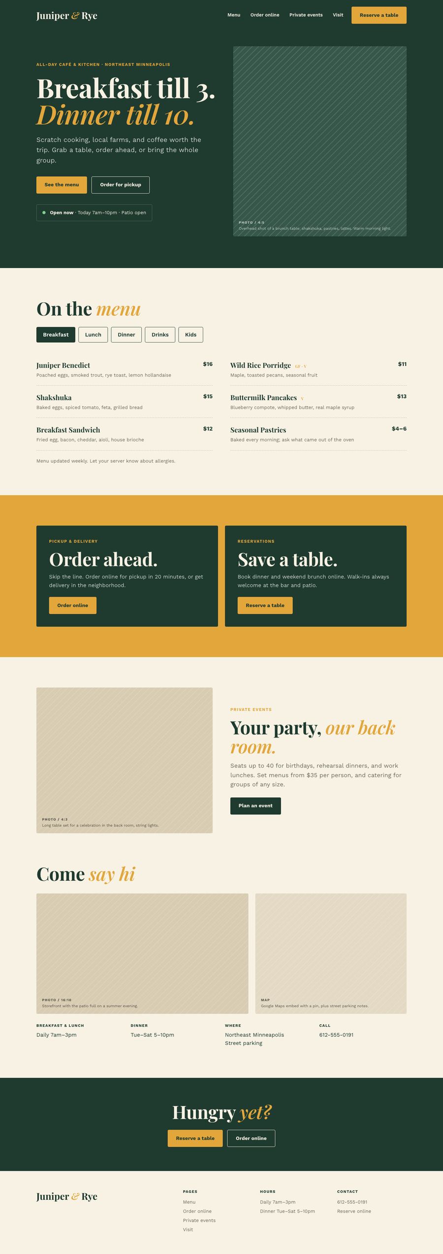 Full homepage design for Juniper and Rye, a fictional all-day café: a deep green and mustard page with open-now hours, a phone-friendly menu with prices, order-ahead and reservation buttons, private events, and the location.