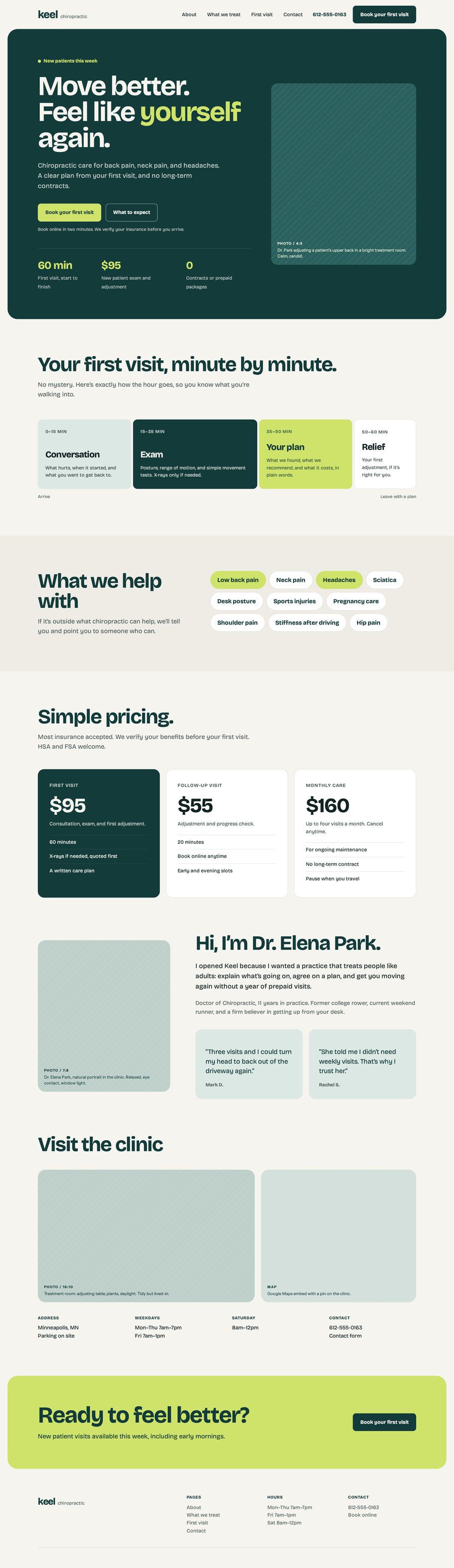 Full homepage design for Keel Chiropractic, a fictional clinic: a bold teal and lime page explaining the first visit minute by minute, what they treat, simple pricing, and the doctor.