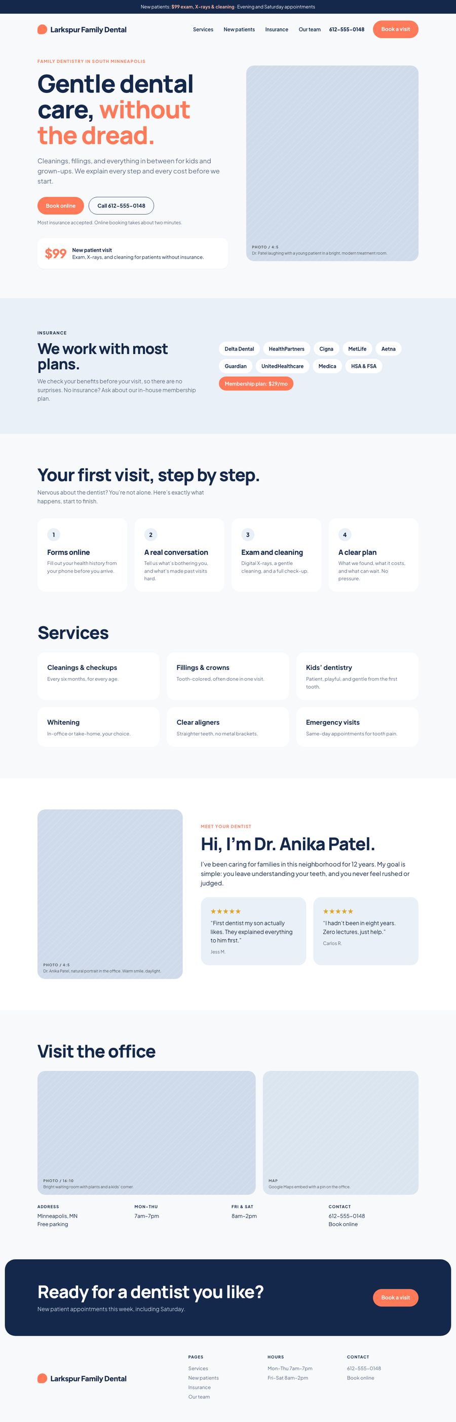 Full homepage design for Larkspur Family Dental, a fictional dental practice: a navy and coral page with a $99 new-patient offer, accepted insurance plans, the first visit in four steps, services, the dentist, and office hours.