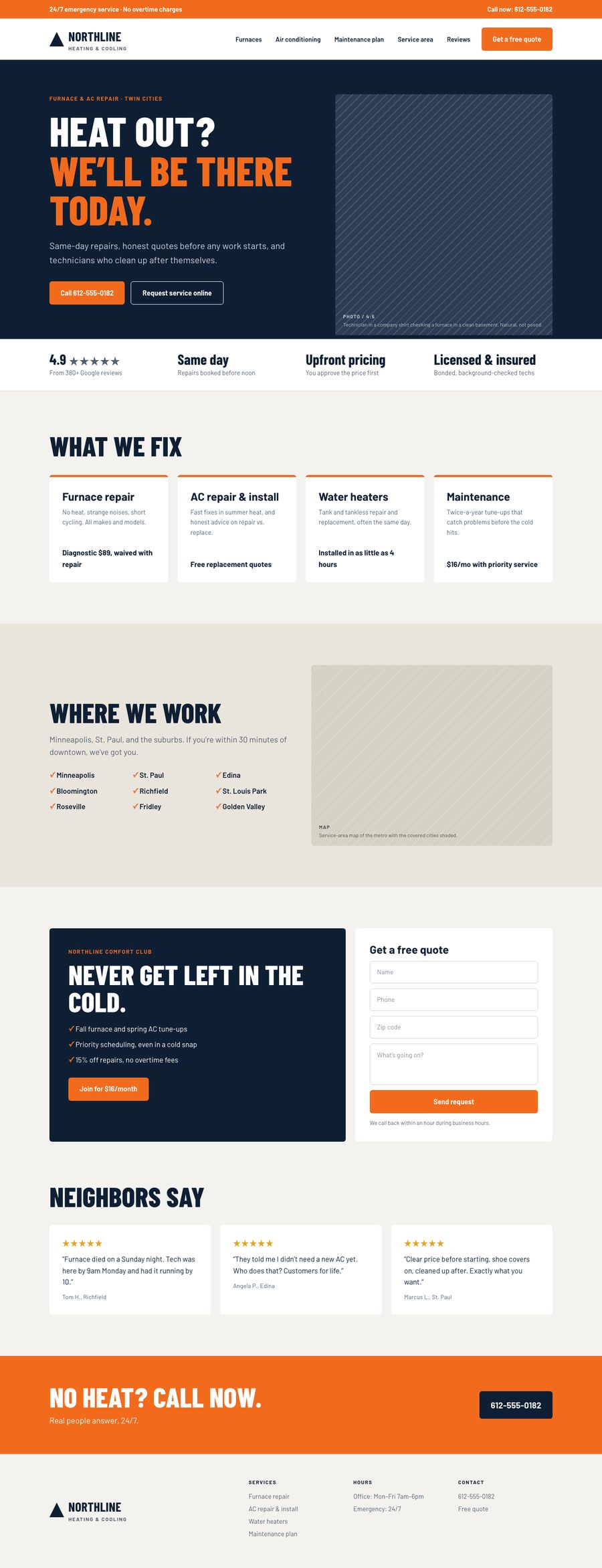 Full homepage design for Northline Heating and Cooling, a fictional HVAC company: a navy and orange page with a 24/7 emergency number, trust badges, services with prices, a service-area list, a maintenance plan, a quote form, and reviews.