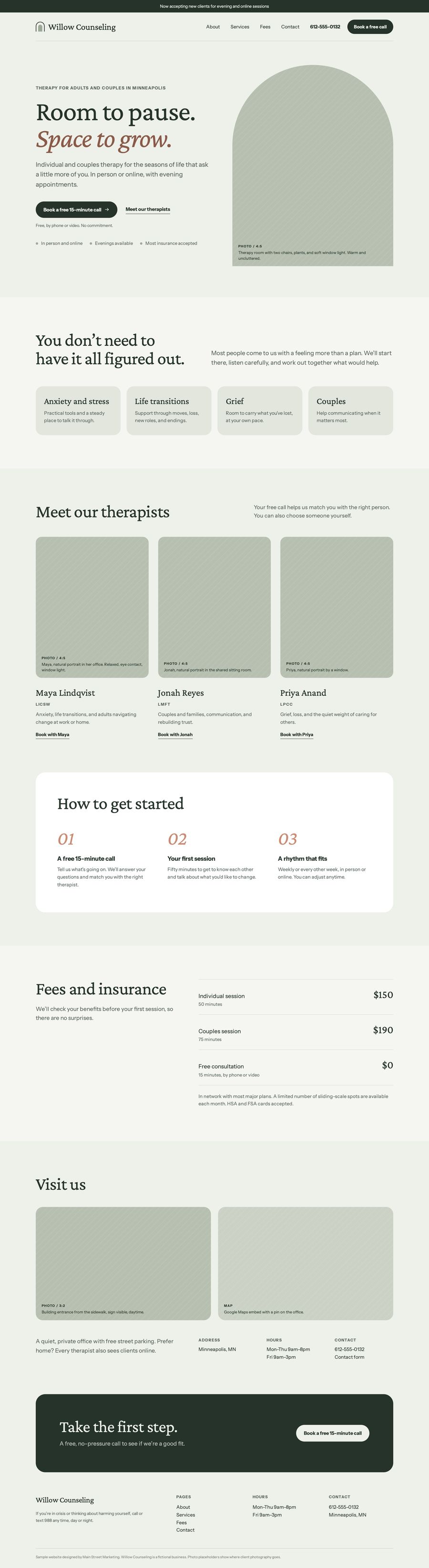 Full homepage design for Willow Counseling, a fictional therapy practice: a calm sage-green page with a free 15-minute call, the therapists, fees and insurance, and office hours.